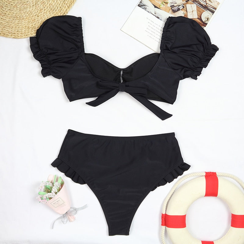 2 Piece Women Swimsuit Solid Colour Short Puff Sleeve Summer High Waist Cut Backless Bathing Suit Beachwear Bikini Set The Clothing Company Sydney