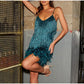 Tassel Sequins Feather Mini Dress Women's Spaghetti Strap Stitching Elegant Evening Party Club Dress