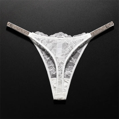 Crystal Embellished Perspective Lace Thong Breathable Underwear Women Transparent T-back Plus Size G String