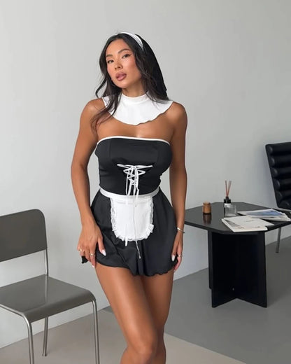 Maid Cosplay Dress 5 Piece Strapless Masquerade Party Dresses Backless Tie Apron Costume Set