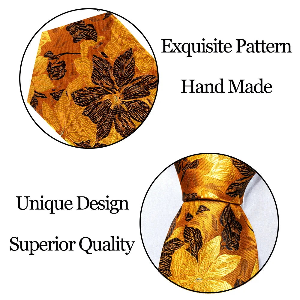 Elegant Men's Gold Leaves Floral Silk Neck Tie Pocket Square Cufflinks Wedding Business Party Gift Set