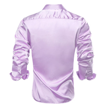 Lilac Mauve Lavender Purple Silk Mens Shirts Luxury Lapel Long Sleeve Dress Shirt