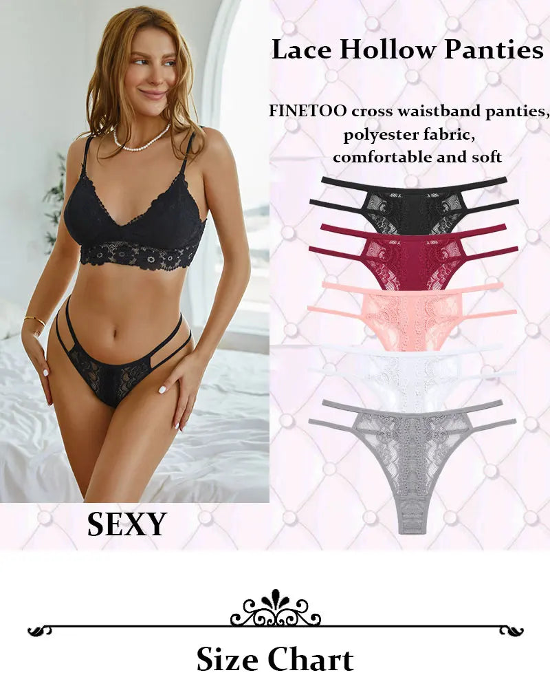 3 Pack Lace Hollow Out Thongs Women Panties Low Waist Transparent G-String Underwear Breathable Intimates Lingerie