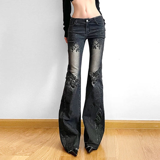 Vintage Floral Skinny Flare Jeans Denim Low Rise Y2K Chic Women's Trousers Distressed Gothic Pants The Clothing Company Sydney