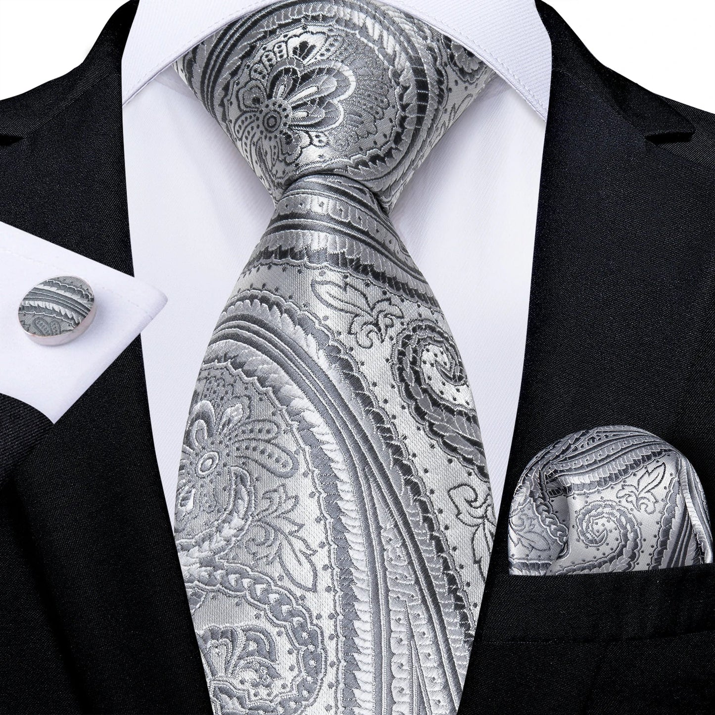 Gray Paisley Silk Tie Set – Men’s Wedding Tie, Pocket Square & Cufflinks The Clothing Company Sydney