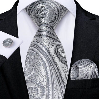Gray Paisley Silk Tie Set – Men’s Wedding Tie, Pocket Square & Cufflinks The Clothing Company Sydney