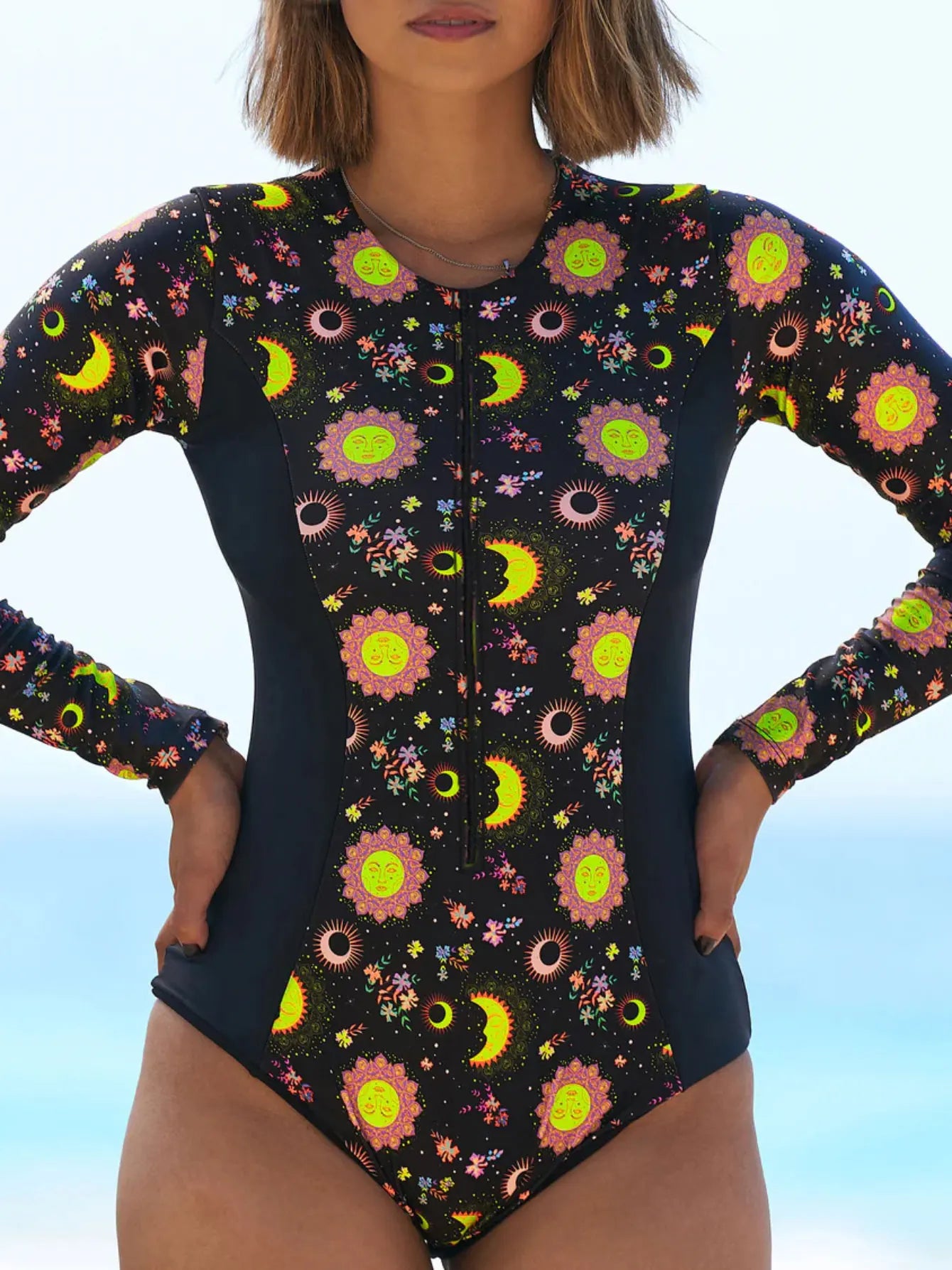 Women Print Floral One Piece Swimsuit Long Sleeve Bathing Suit Swimsuit Vintage Beachwear Surfing Swim Suit