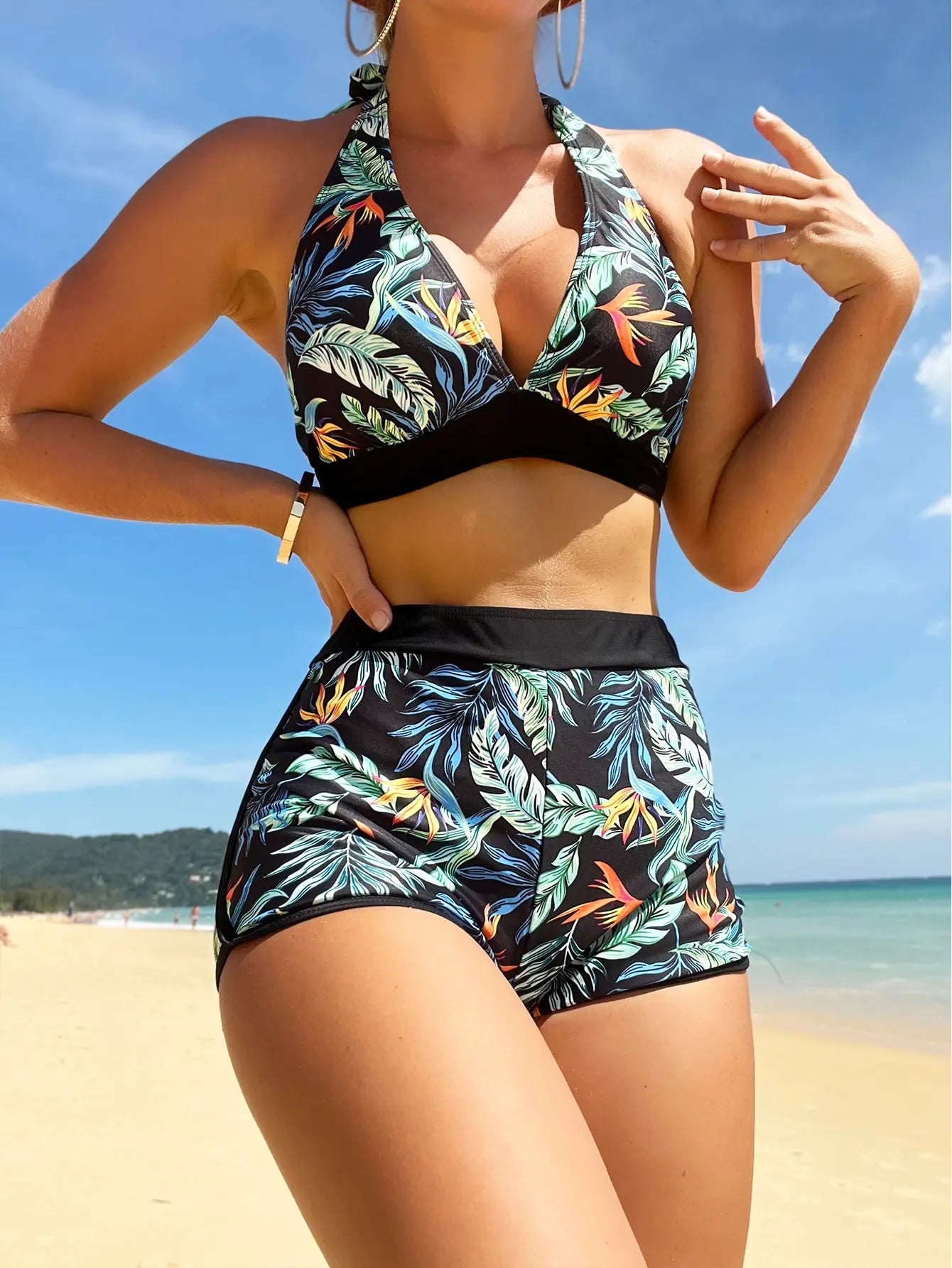 2 Piece Halter Bikini Set Shorts Swimsuit High Waist Swimwear Female Printed Bathers Swimming Bathing Swim Suit Beachwear