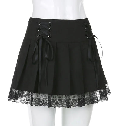 Retro Pleated Skirt Lace Up High Waist Plaid Mesh Stitching Hem Y2K Aesthetic Gothic Black Mini Skirt The Clothing Company Sydney