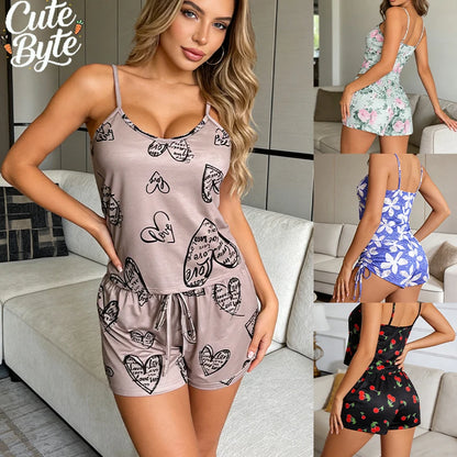 Womens Pajama Ladies Satin Pyjama Print Round Neck Ice Silk Top T-Shirt and Shorts Sets