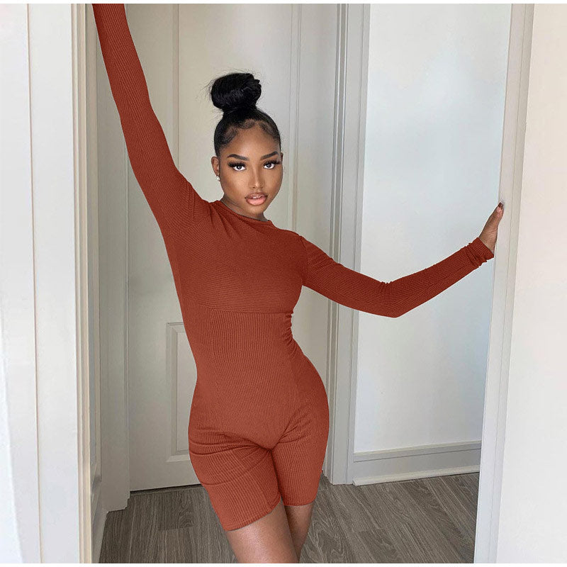 Casual Women's Knitted Bodycon Jumpsuit Fashion Long Sleeve Short Sport One-piece Suit Spring Back Zipper Yoga Playsuit The Clothing Company Sydney