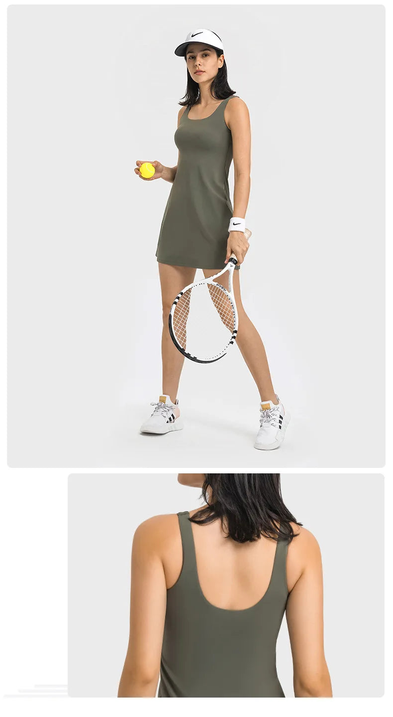 Square Neck Tennis Golf Dress Skirt Sleeveless Exercise Sport Dresses with Built In Shorts Pocket The Clothing Company Sydney