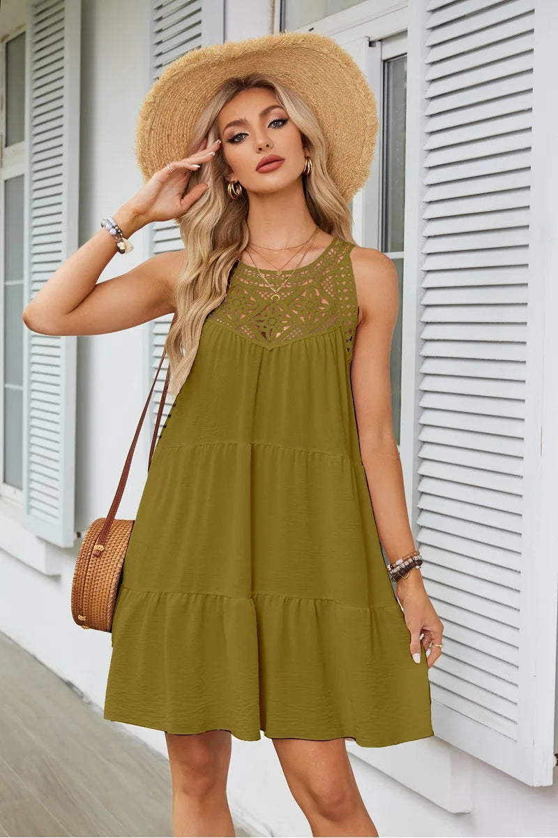 Hollow Lace Patchwork Halter Neck Women A Line Dress Summer Casual Solid Color Loose Beach Holiday Sundress The Clothing Company Sydney