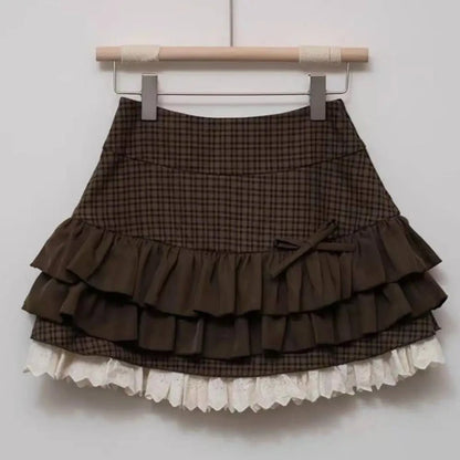 Y2k Cute Ruffled Plaid Skirt Punk Rock Casual Women's Skirts