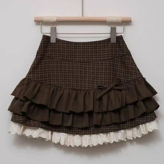 Y2k Cute Ruffled Plaid Skirt Punk Rock Casual Women's Skirts