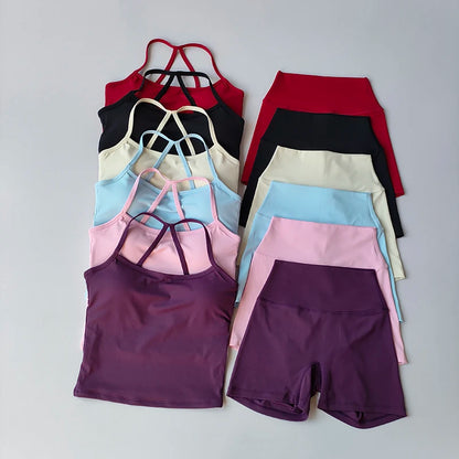 2 Piece Yoga Gym Set Halter Top Set Yoga High Waist Shorts Backless Tights Bra Vest Seamless Stretch Ribbed Shorts Set