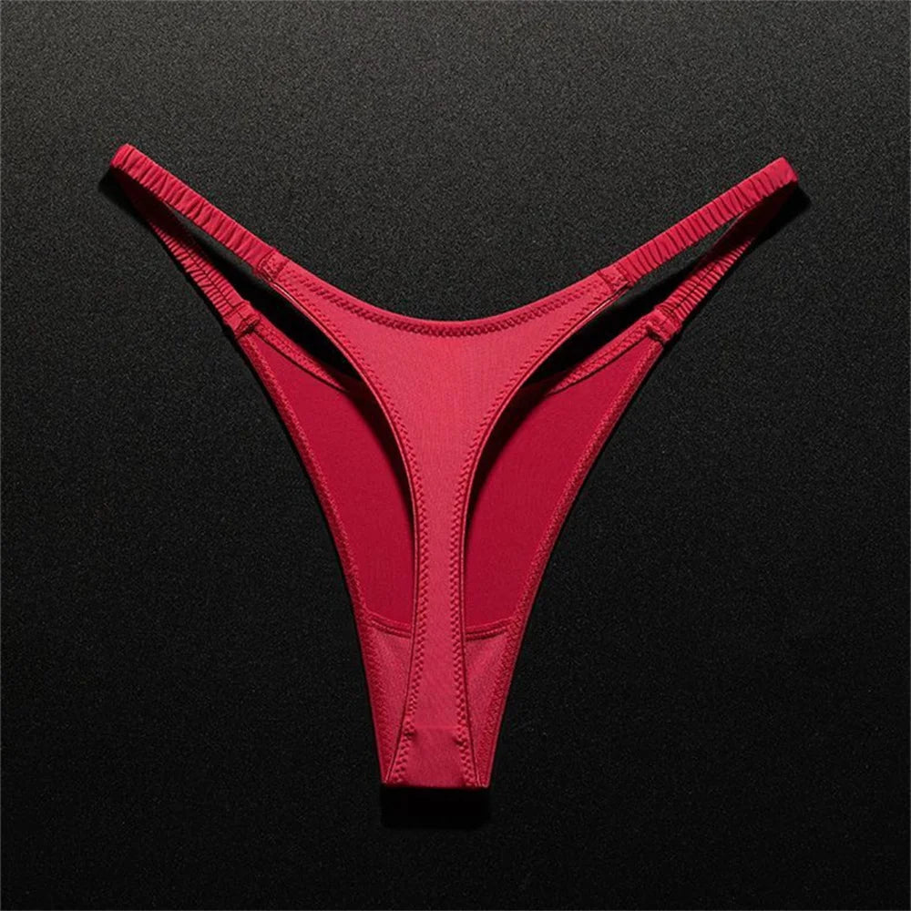 High Slit Ice Silk Thong with Elastic Pleated Waistband Sports V-shape Fitness G-string Plus Size Panties