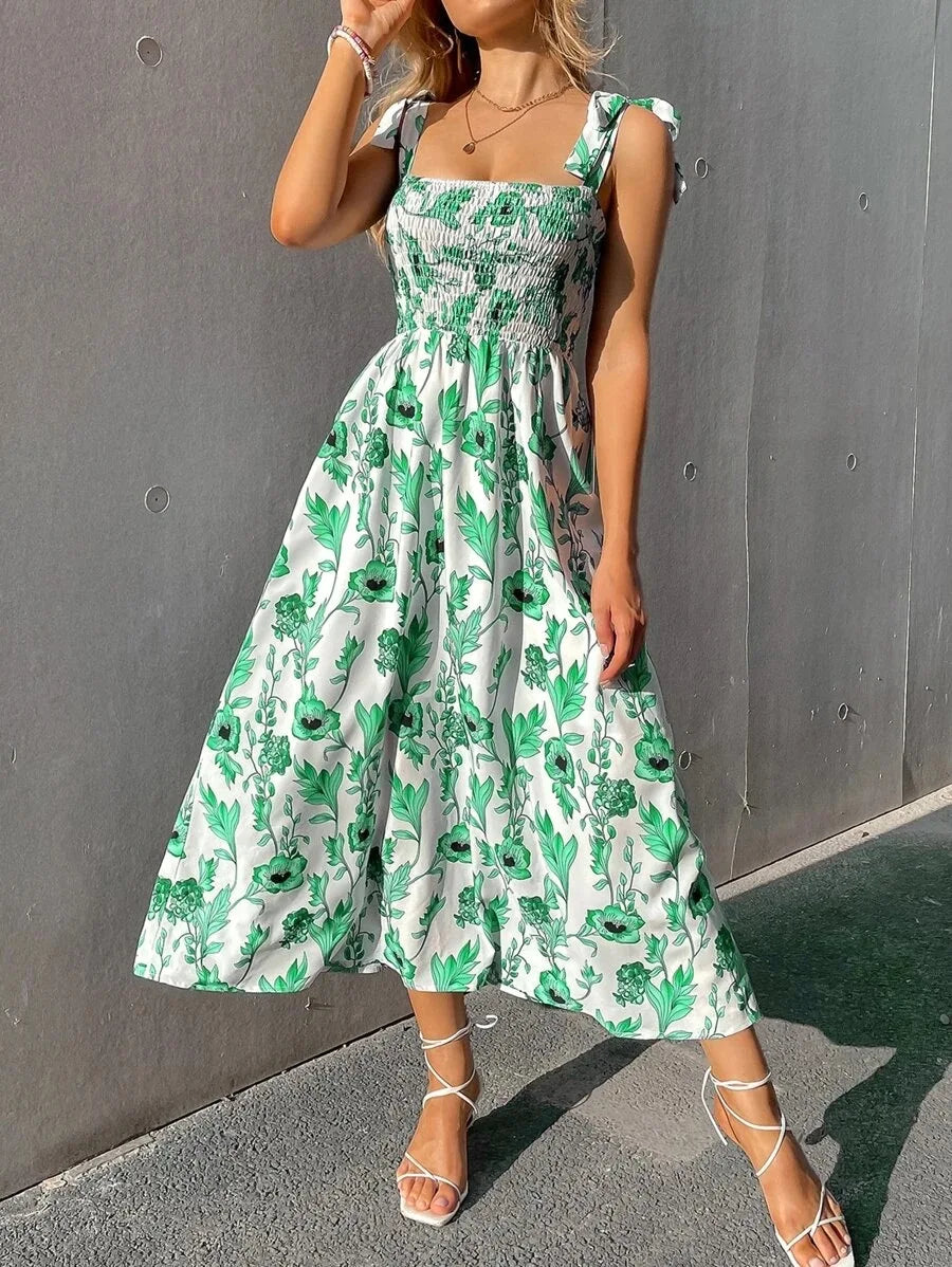 Floral Long Dress Women's Backless Sleeveless Bandage Beach Sundress Casual Green Summer Ladies Dresses