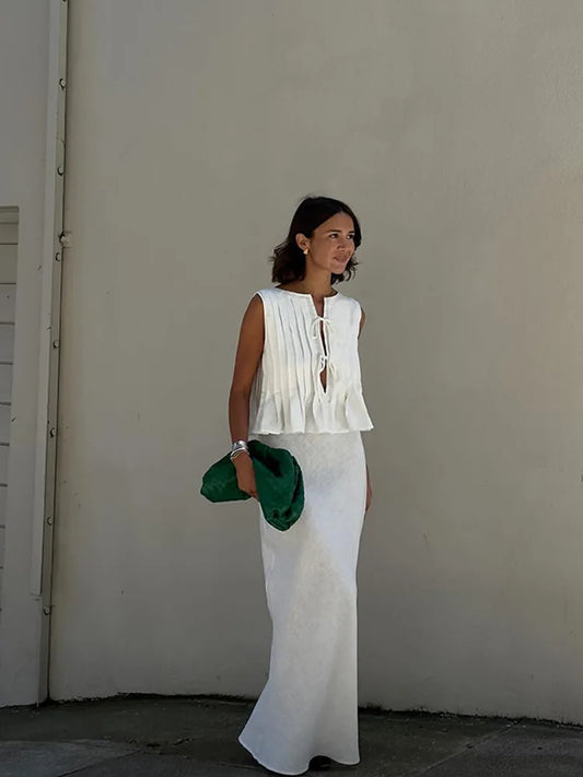 Elegant White Set 2 Piece Woman Chic Lace Up O Neck Ruffled Edge Short Matching Set Summer Street Outfit