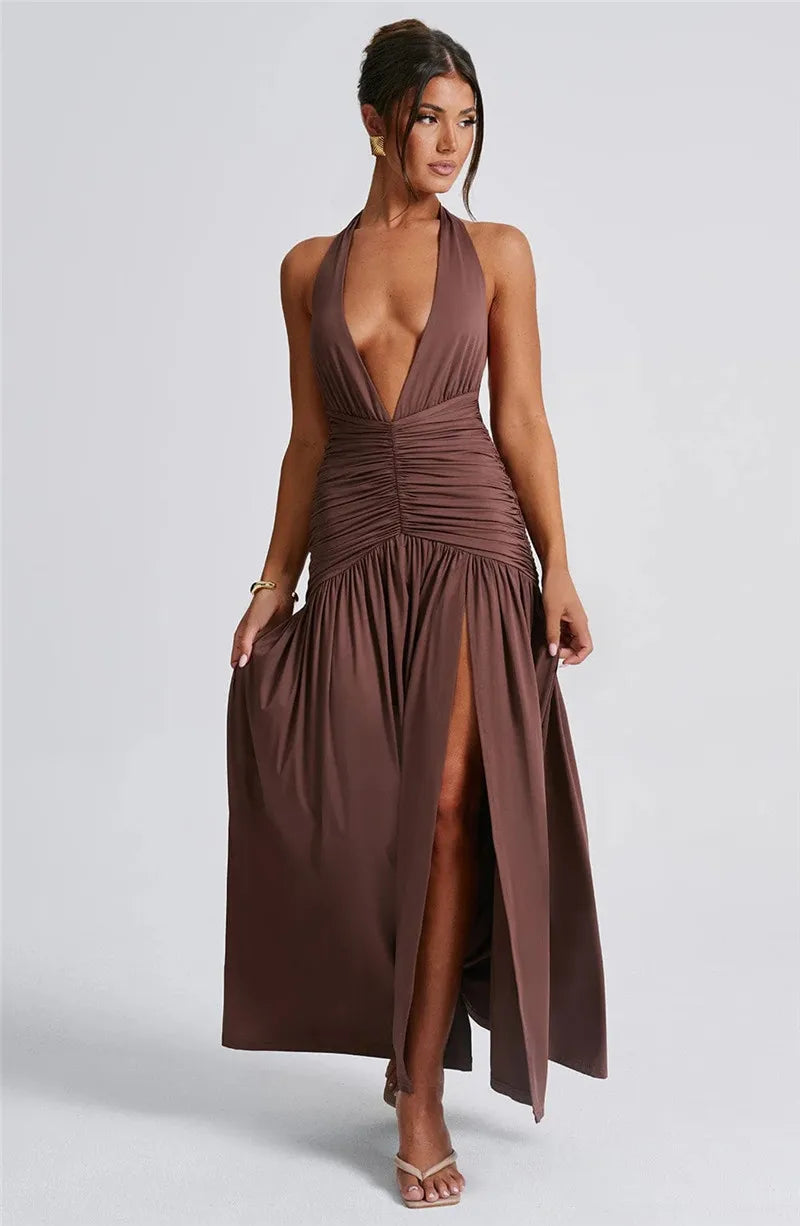 Halter Deep V Neck Backless Maxi Sleeveless Thigh High Split Long Dress The Clothing Company Sydney