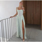 Flower Printed Slim A-line Sling Green Square Neck High Split Long Elegant Chic Evening Dress