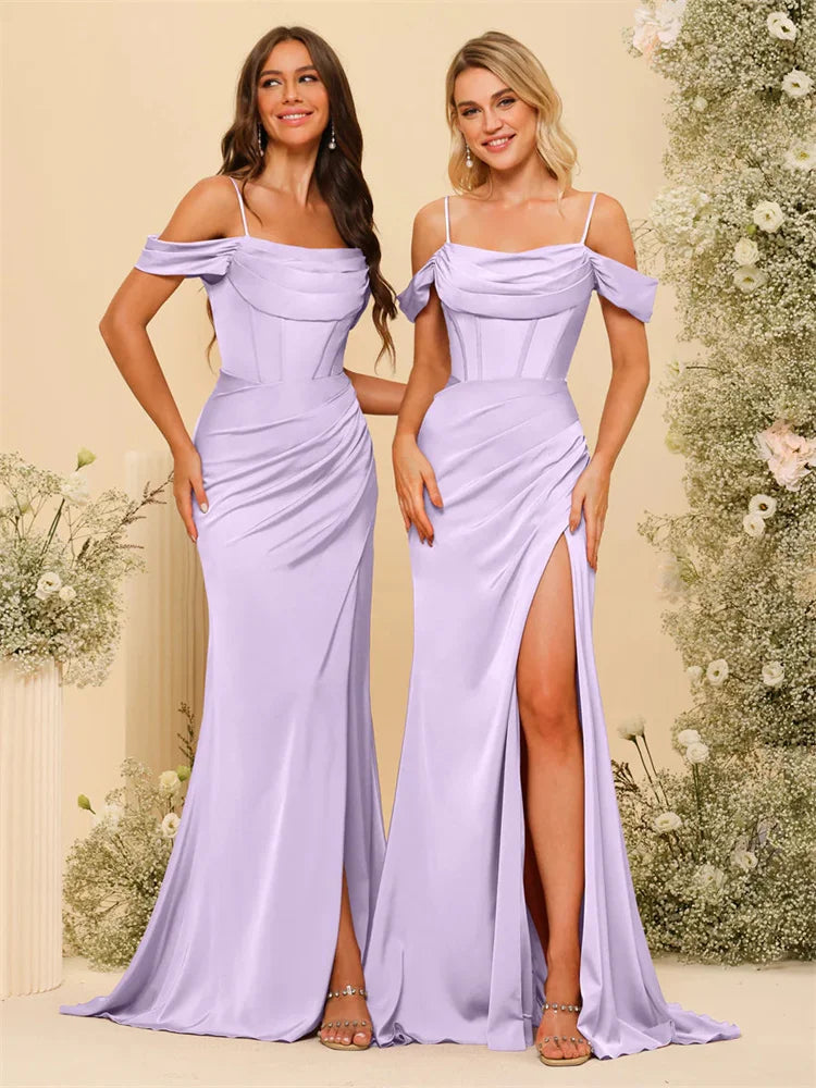 Off-the-Shoulder Spaghetti Straps Silk Satin Sheath Bridesmaid Dress Elegant Zipper Back Gowns For Wedding Guests