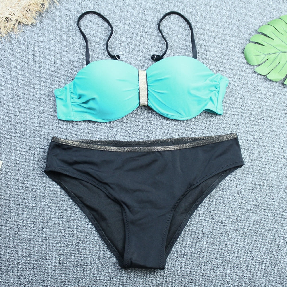 2 Piece Women Swimsuit Solid Colour Short Puff Sleeve Summer High Waist Cut Backless Bathing Suit Beachwear Bikini Set The Clothing Company Sydney