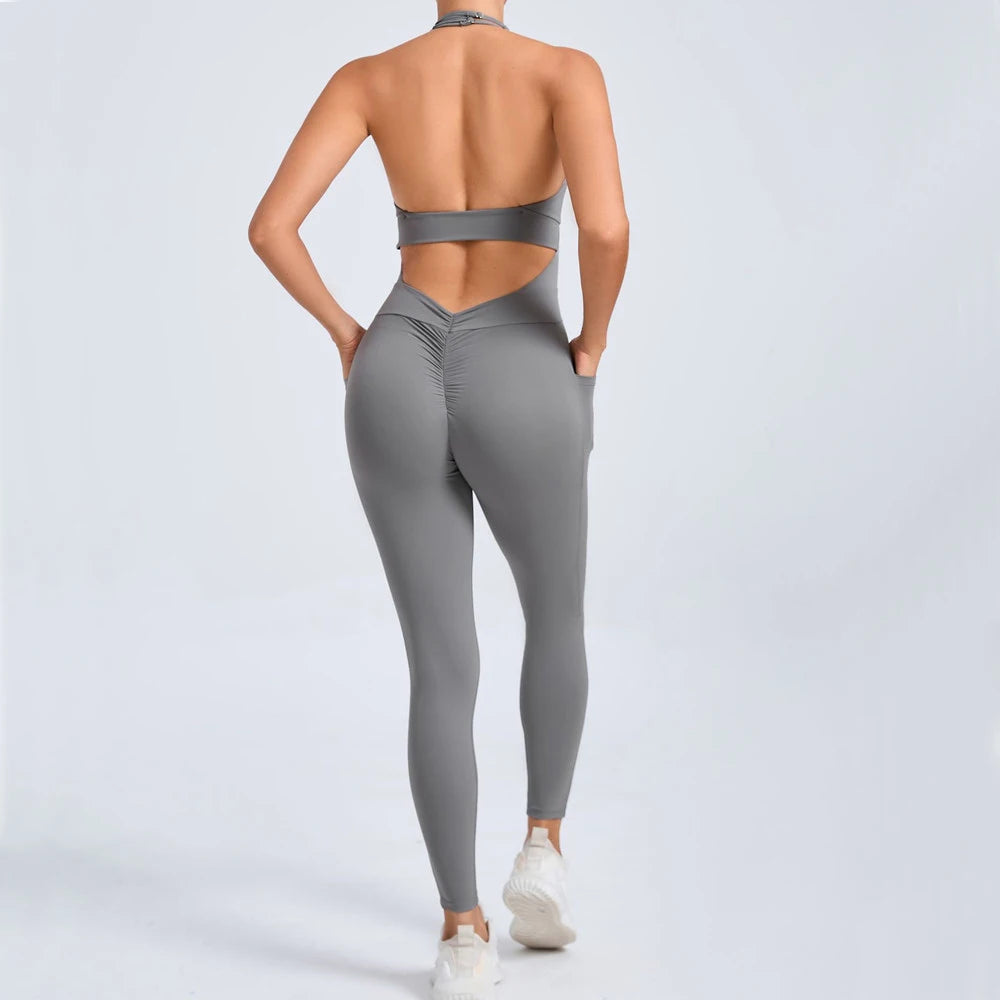 Hollow Backless Sport Short One Piece Jumpsuit Pocket Unitard Yoga Set Gym Women Romper Fitness Scrunch Squat Outfit Set The Clothing Company Sydney