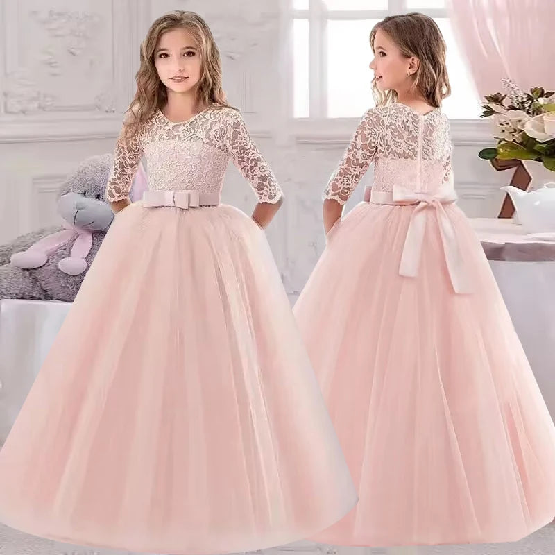 Kids dress birthday party girl princess dress bow fluffy lace flower girl wedding dress girl elegant evening dress