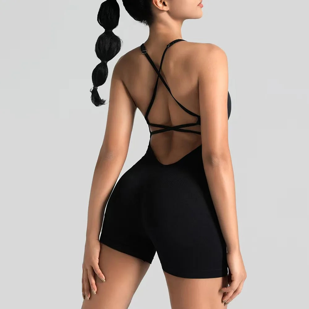 Women's Slim-Fit Yoga Shorts Seamless Back Workout Bodysuit Breathable Quick-Dry Gym Running Pilates Fitness Jumpsuit