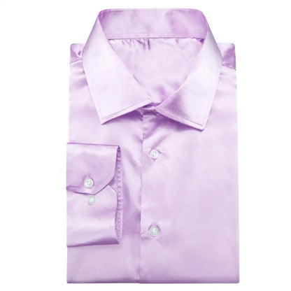 Lilac Mauve Lavender Purple Silk Mens Shirts Luxury Lapel Long Sleeve Dress Shirt