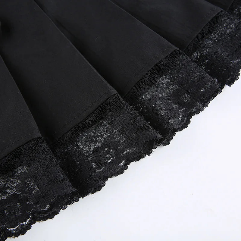 Retro Pleated Skirt Lace Up High Waist Plaid Mesh Stitching Hem Y2K Aesthetic Gothic Black Mini Skirt The Clothing Company Sydney