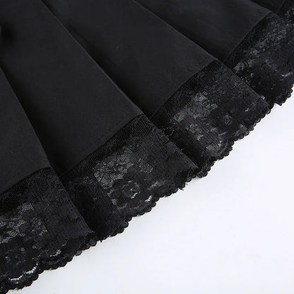 Retro Pleated Skirt Lace Up High Waist Plaid Mesh Stitching Hem Y2K Aesthetic Gothic Black Mini Skirt The Clothing Company Sydney