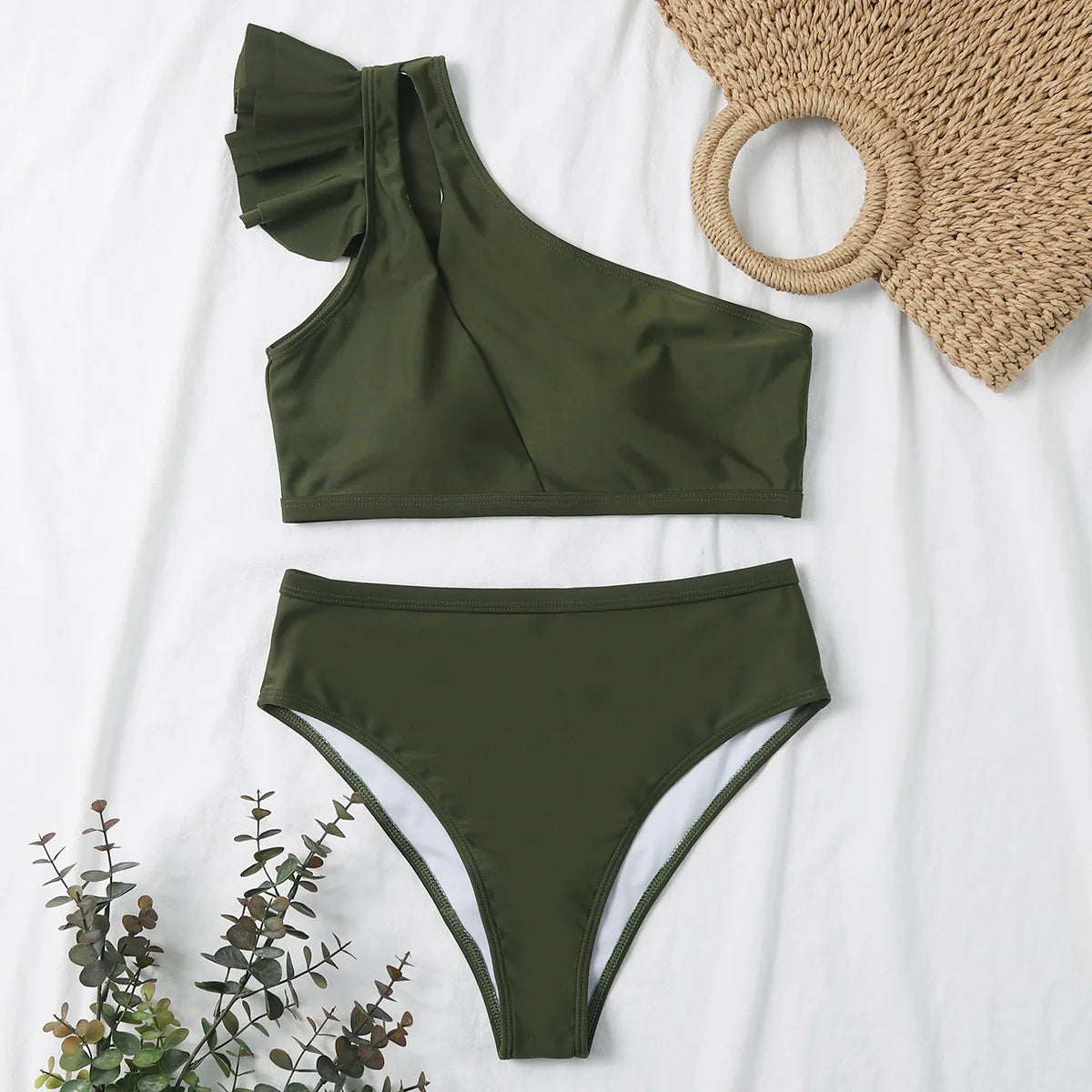 One Shoulder Women Ruffle Swimsuit Solid High Waist Swimwear Padded Bathers Bathing Swimming Suit Beachwear The Clothing Company Sydney