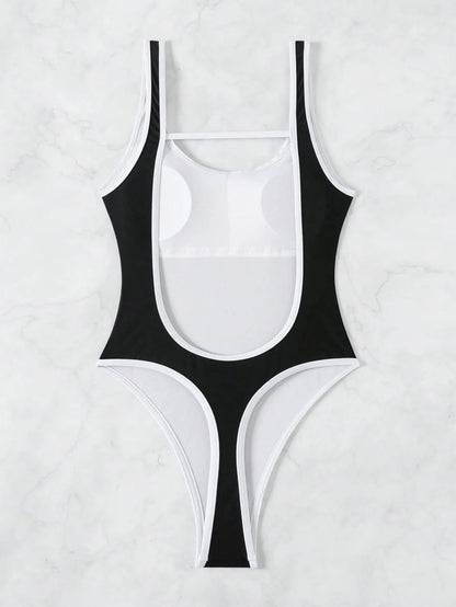 One Piece Black Patchwork Swimsuit Hollow Out Backless Slim Thong Swimwear Beach Bathing Suit Monokini The Clothing Company Sydney