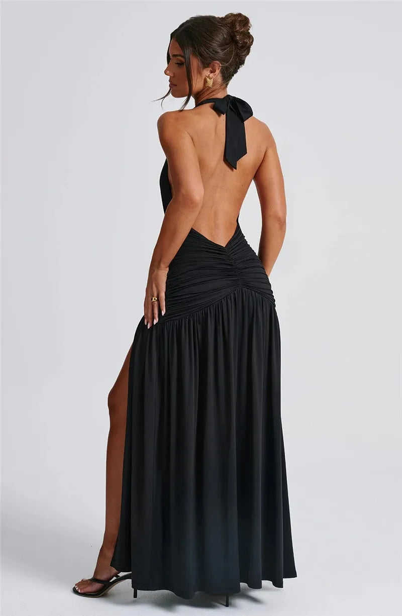 Halter Deep V Neck Backless Maxi Sleeveless Thigh High Split Long Dress The Clothing Company Sydney