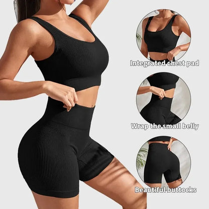 Seamless Ribbed Yoga Sets Workout Sets for Women 2 Pieces Gym Suits Ribbed Crop Tank High Waist Shorts Outfits Fitness Running The Clothing Company Sydney