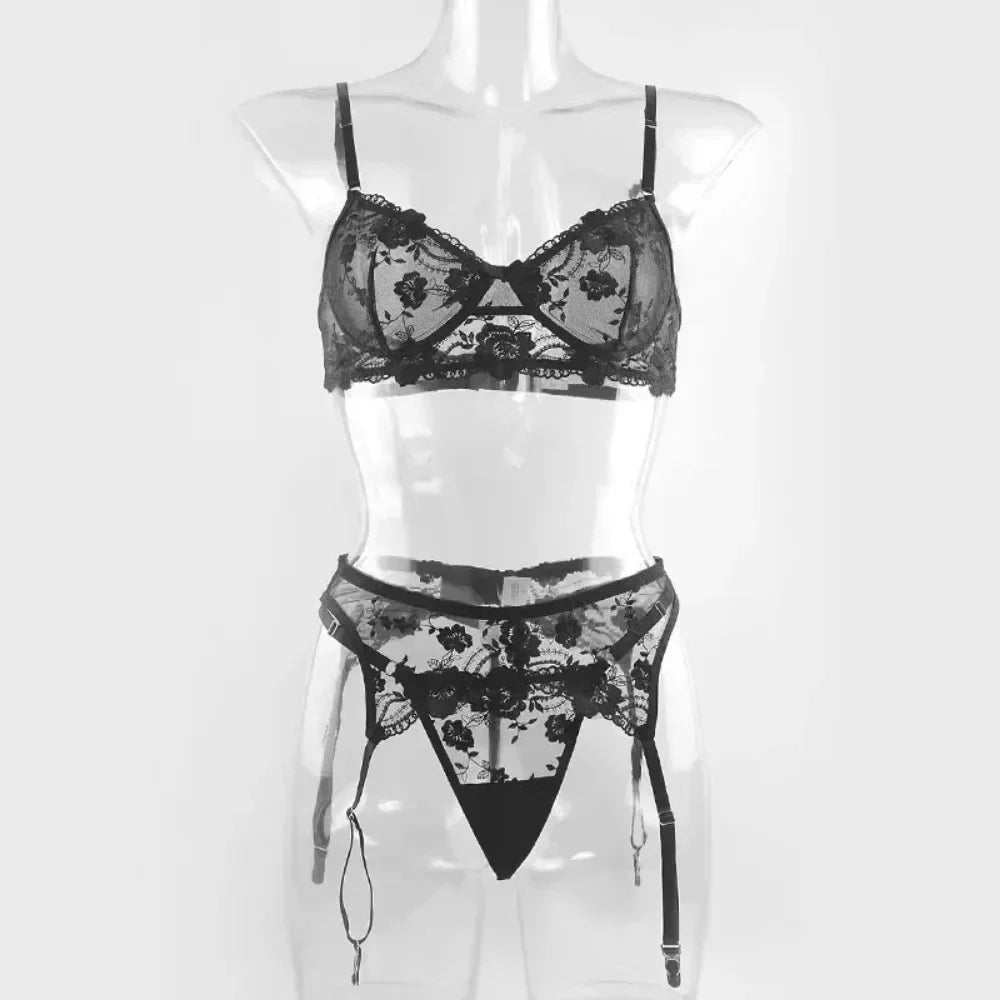 Women's 3 Piece Lace Embroidery Push Up Bra Panties Sets Deep V Gather Underwear Bras Brassiere Lingerie Set The Clothing Company Sydney