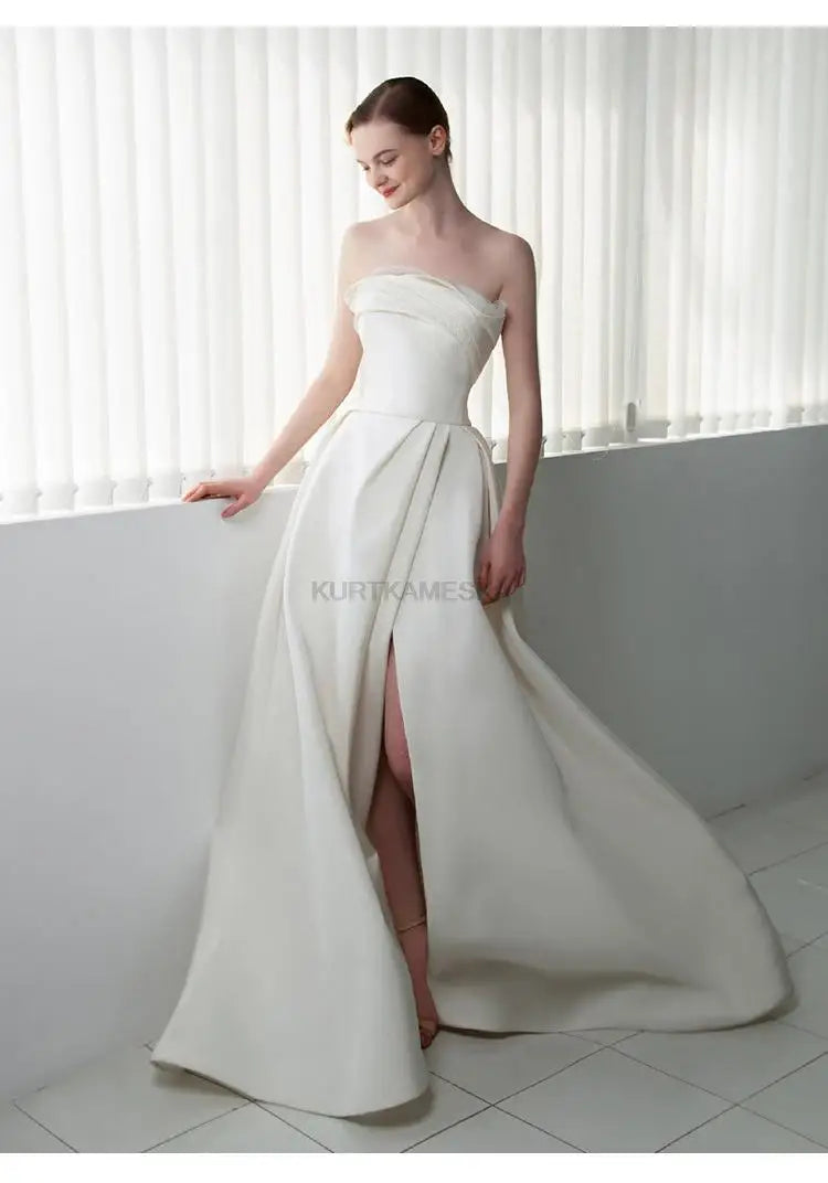 Luxury White Satin Trailing Wedding Dresses Women Elegant Strapless Long Prom Party Bridal Dress