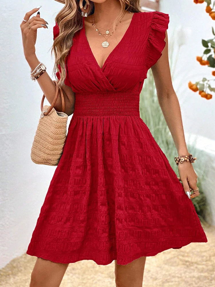 Elegant Short Summer Casual Slim Red Sleeveless Holiday Beach Dress Fashion V Neck A-line Dresses