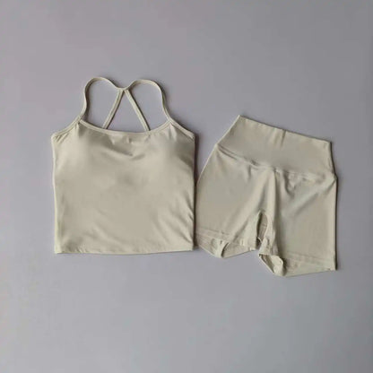 2 Piece Yoga Gym Set Halter Top Set Yoga High Waist Shorts Backless Tights Bra Vest Seamless Stretch Ribbed Shorts Set