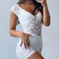 Patchwork See Through Lace Women's Bodysuit White V Neck Bodycon Rompers Femme Summer Elastic Party Clubwear The Clothing Company Sydney