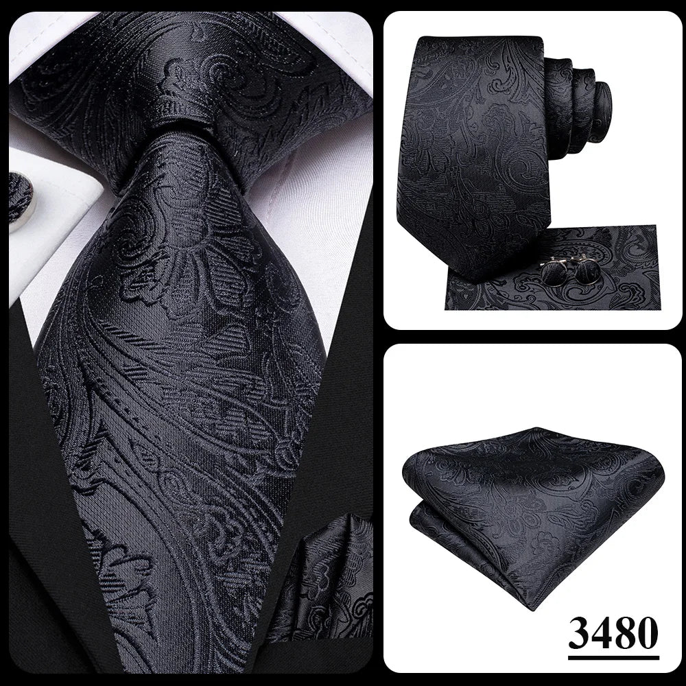 3 Piece Black Floral Silk Wedding Tie For Men Handky Cufflink Elegant Necktie Set For Men