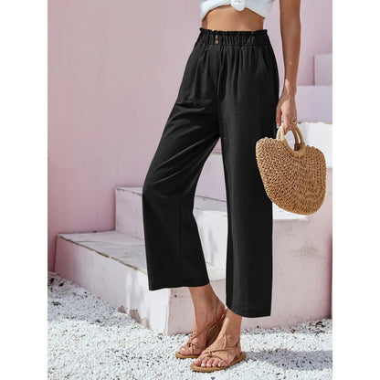 Women's Cotton Linen Loose Wide Leg Pants Summer Female High Elastic Waist Button Casual Streetwear Trousers The Clothing Company Sydney