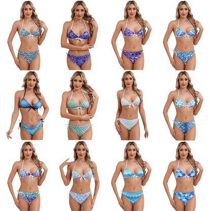 Women's Mermaid Print Swimsuit Bikini Bathing Suit Halter Sponge Pad Bra and Drawstring Briefs Beach Pool Surfing Swimwear - The Clothing Company Sydney