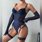 Tight Fitting Lace Bodysuit With Gloves Garter Night Club Outfit Mesh Top Lingerie Set