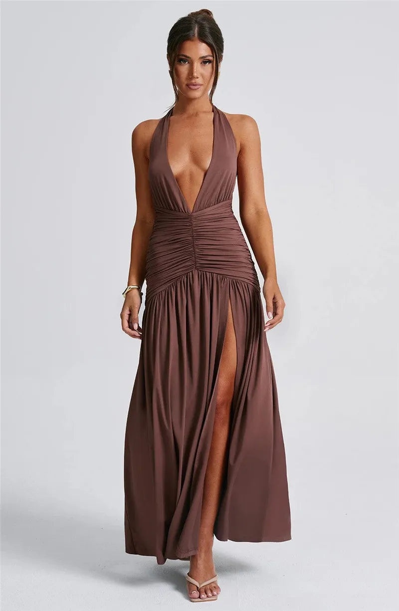 Halter Deep V Neck Backless Maxi Sleeveless Thigh High Split Long Dress The Clothing Company Sydney