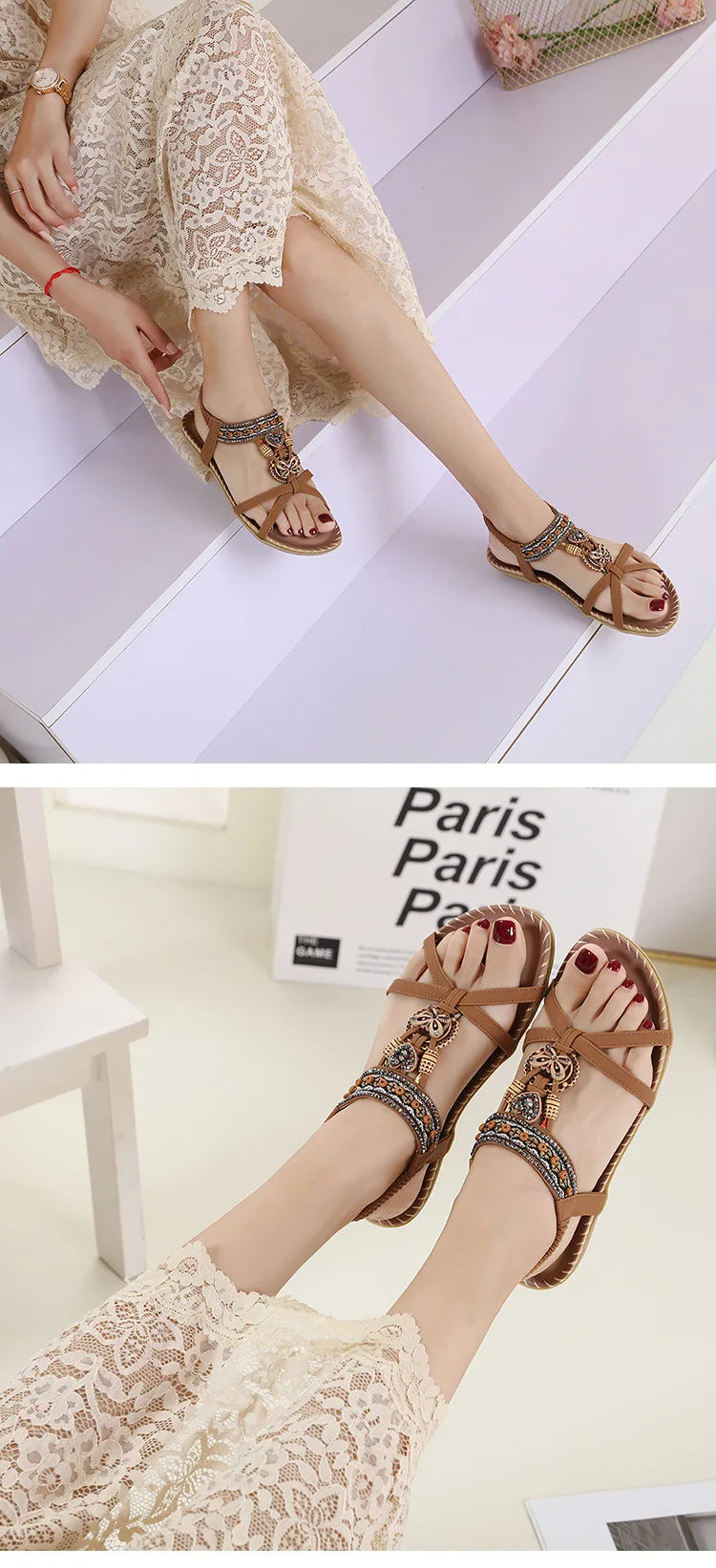 Women Fashion  Flat Flower Rhinestone Open Toe Outdoor Wear Beach Sandals