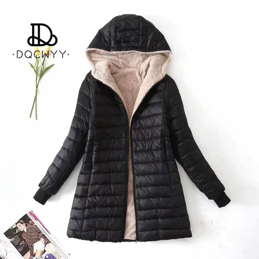 Women's Jacket Winter Mid Length Hooded Fit Plus Fleece Cotton Padded Coat Warm Lamb Fleece Parkas Winter Jackets