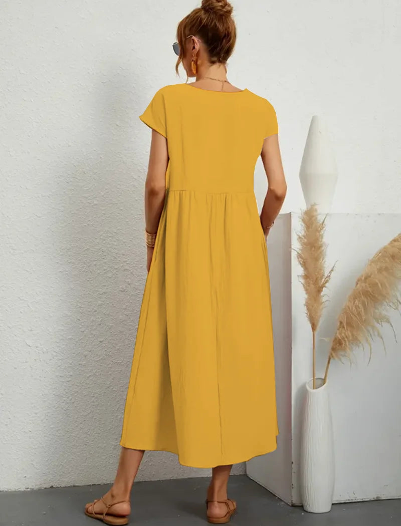 Women's Elegant Dress Summer Short Sleeve O-Neck Vintage Cotton Linen Comfortable Loose Pocket Long Dress